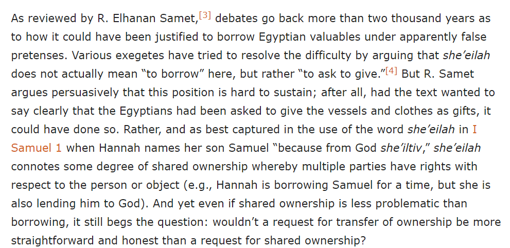 The essay's key idea:This sharing* is a powerful symbolic correction of a deep moral problem in (the biblical account of) Egyptian culture: a rigid caste hierarchy with "abomination" of the "stranger" ("Hebrew") as inferior & subhuman.*See R. Samet on why "share" vs "borrow"