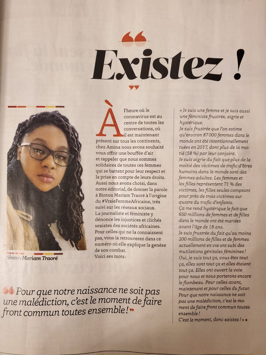 BintouMariamT's tweet photo. J'ai été  choisie pour écrire l'éditorial du mois de Mars du magazine @AminaMagazine.  Mars était le mois  de la femme et ça a été un honneur pour moi. Le Magazine est disponible dans les points de vente et il y a un  article sur mon hastag #vraiefemmeafricaine https://t.co/do92s4sDKt