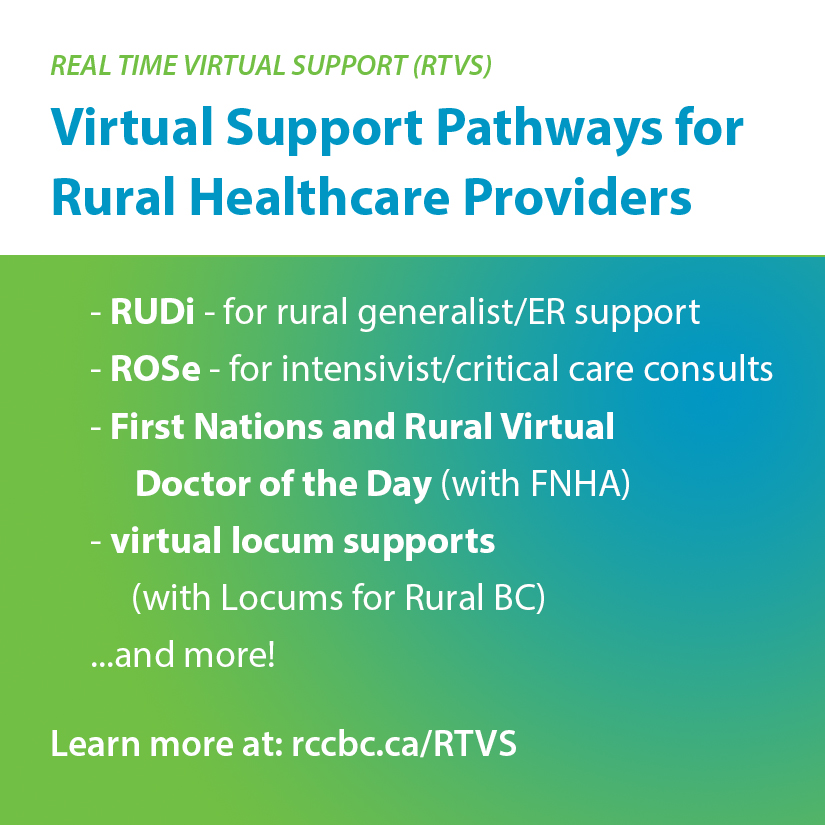 There are now several Virtual Supports for  #BC  #rural  #healthcare providers, First Nation citizens throughout BC, and rural and remote communities. Visit  http://rccbc.ca/rtvs  to familiarize yourself with all of them - please use as needed! Call for ALL healthcare needs. /1