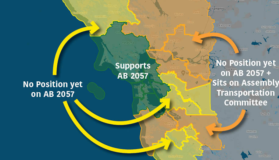 Our top priority is contacting Bay Area Assemblymembers who haven't yet taken a position on AB 2057. If you live in their districts - the orange and yellow areas in the map - send them an email urging them to support using this link:  https://actionnetwork.org/letters/thank-you-for-supporting-ab2057?source=direct_link&