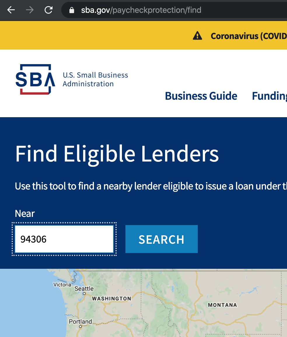 4/ That directs you to the SBA, where -- despite the fact that most people are quarantined in their homes and physical locations are irrelevant for electronic transfers -- you search by zip code.