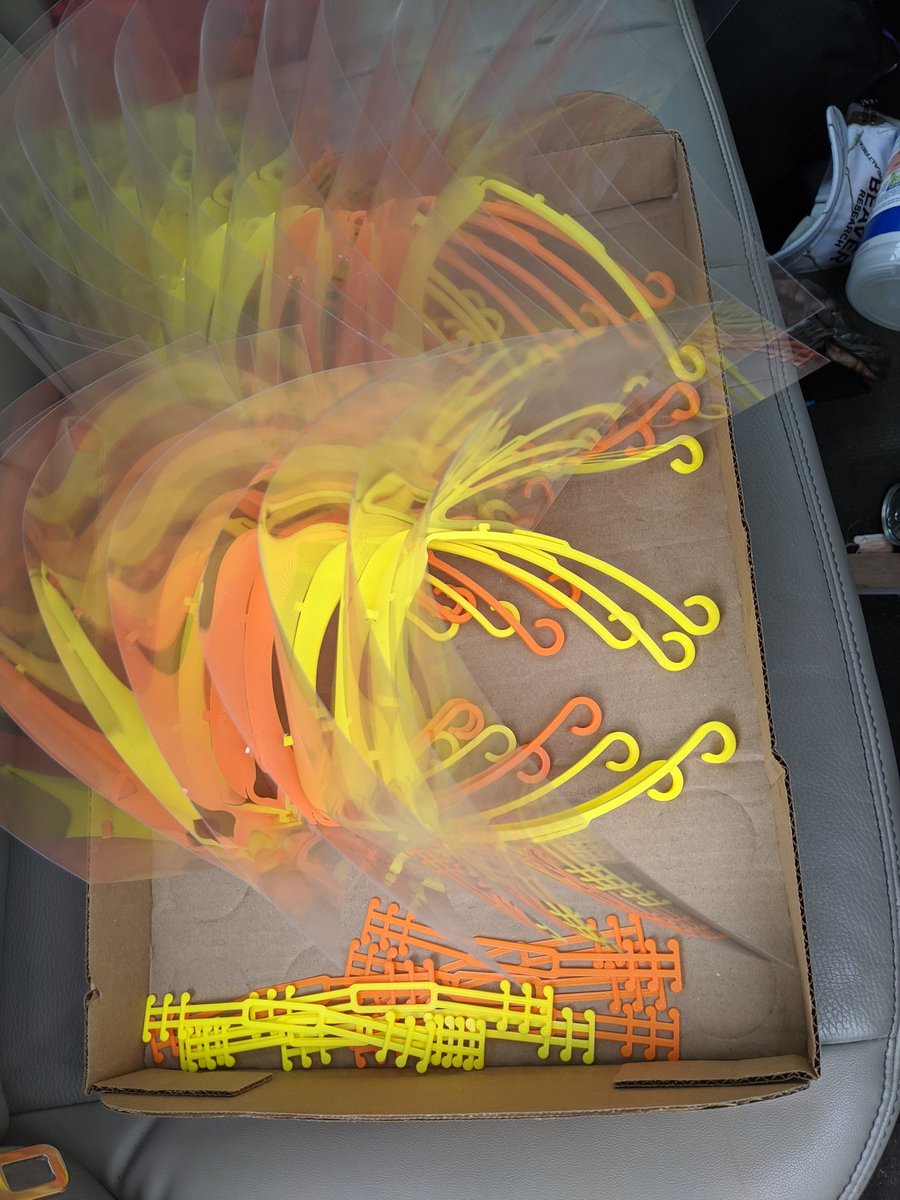 HeatherRobotham's tweet photo. Another batch of face shields along with some ear savers made and donated by @WolvesWps. These were delivered to the @WyomingCityHall to help protect their first responders. Thanks to everyone in the medical that is working so hard to keep us safe! #bettertogetherWPS @ROBO3D https://t.co/0w2trMrrVi