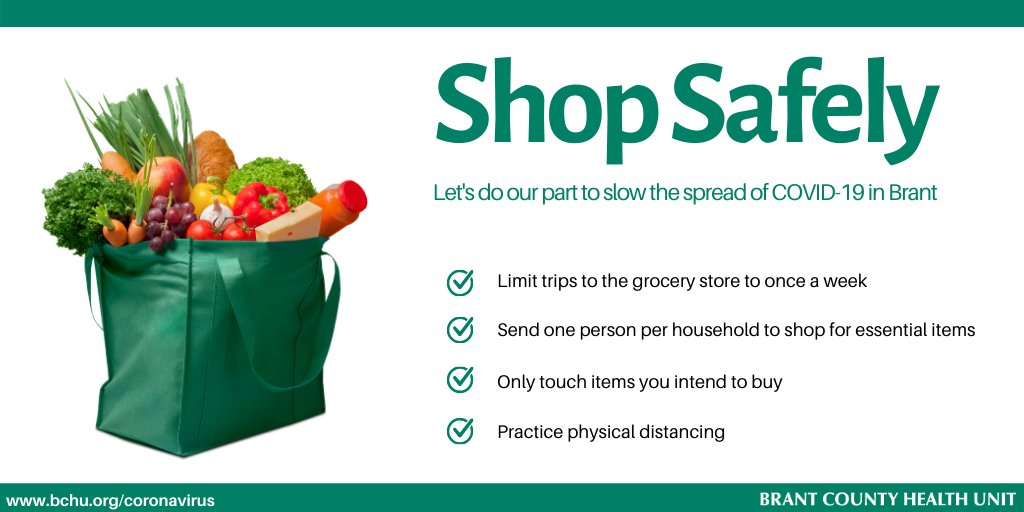 Shopping for groceries or medication is essential. We all have a role in protecting others from COVID-19 when making trips into the #BrantCommunity. Shop safely by limiting trips and practicing #PhysicalDistancing. bchu.org/coronavirus