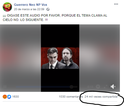 Esto me ha recordado al mensaje de una web que difundía un bulo. Concretamente de una publicación de el diestro, un diario de fake news de extrema derecha que difundía un bulo ya desmontado y que ya denuncié su viralización y publicidad pagada en FB.  https://www.eldiestro.es/2020/03/escandaloso-un-camionero-que-transporta-material-sanitario-denuncia-como-coches-oficiales-van-a-recogerlo-para-los-politicos-y-el-resto-queda-retenido/