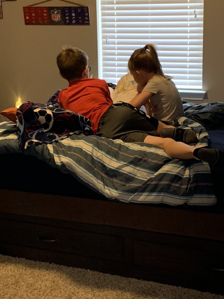 Remote Learning Celebration at the Huskerson house today! Read to self assignment was to read to a pet or stuffed animal...Madden opted for little sister instead❤️ It’s been hard getting them to get along in quarantine 🤪 so this made my momma heart happy! #1lisd  #reaganrays