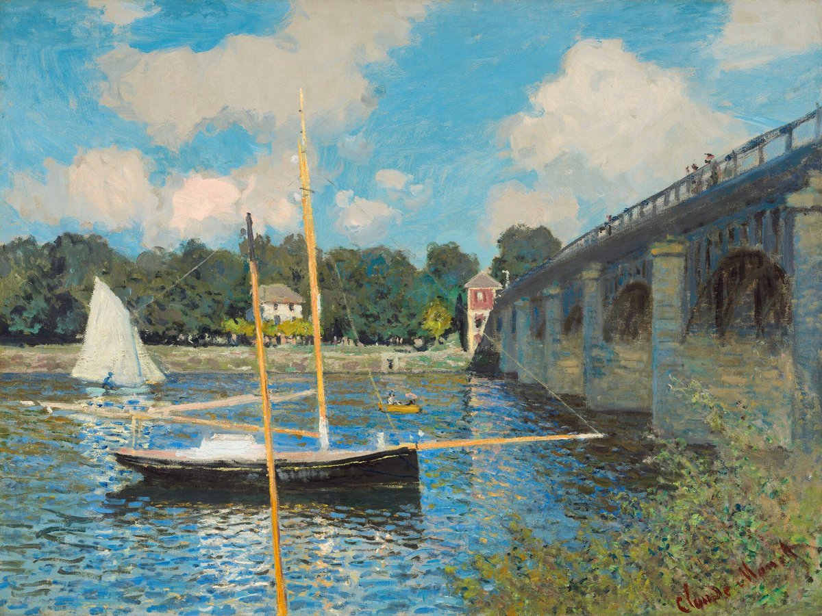 But in the 1870s and 1880s a dramatic change swept through the art world—a new group of painters, the French Impressionists, rejected the academics’ tightly brushed scenes of mythological and historical subjects.[Monet, "The Bridge at Argenteuil," 1874, gallery 85]