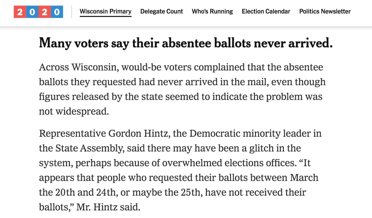 The New York Times updates that many requests for absentee ballots (mail-in ballots) were not filled between March 20-24 because elections offices were overwhelmed. Wisconsin doesn't have vote-by-mail system like Colorado, Hawaii, Oregon, Washington, or Utah.  #WisconsinPrimary