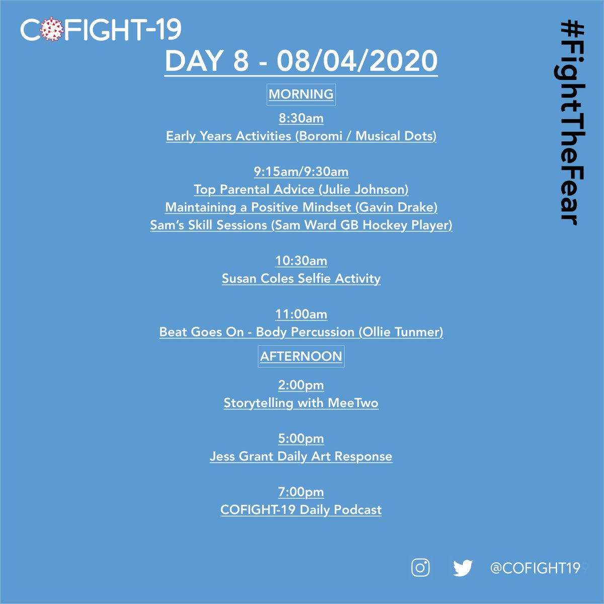 Cofight19's tweet photo. Good Morning! Thanks for tuning back in to the campaign- DAY 8 Schedule below!

We have artist @theartcriminal this morning with her Selfie-Drawing challenge, followed by @meetwohelps Storytelling in the afternoon!

Have a great day!
#FightTheFear https://t.co/skpe2x45ll