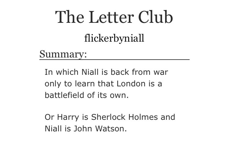 “The Letter Club” by flickerbyniall•SHERLOCK AU HELLO?!•H as sherlock, Ni as watson. what more do you need in life? https://archiveofourown.org/works/19131259 