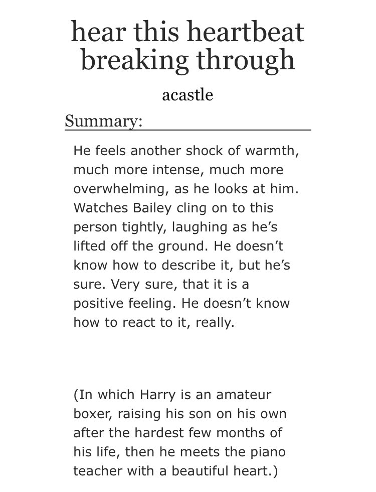 “hear this heartbreak breaking through” by acastle•kid fic•h is a boxer•authis one is so beautiful. makes me cry but like, in a cool way https://archiveofourown.org/works/4722959 