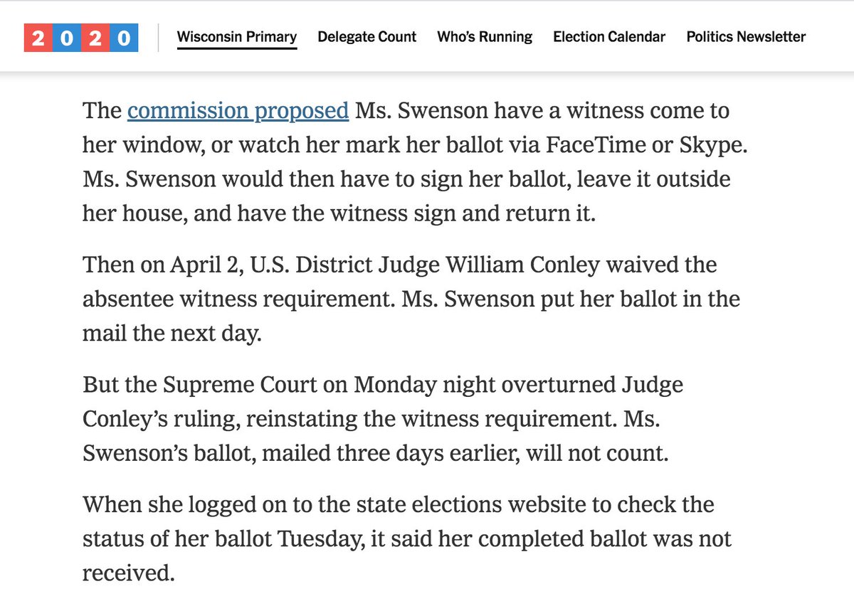 Jill Swenson is a 61-year-old who suffers from "chronic lung disease and fears contracting the coronavirus." NYT detailed all the steps she took to remain quarantined and still participate in the primary. In the end, it was all for nothing. Vote won't count.  #WisconsinPrimary