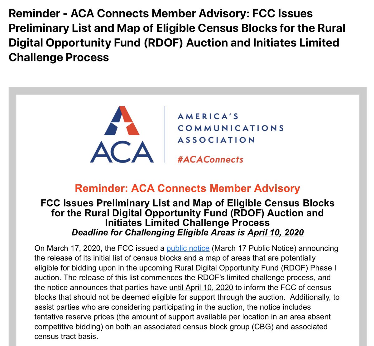 MatthewMPolka's tweet photo. #ATTENTION @ACAConnects Mbrs! Check your email our our website https://t.co/jxOOhzR1l2 for an IMPORTANT ADVISORY on the @FCCโs #RuralDevelopmentOpportunityFund #RDOF and #ChallengeProcess! Challenges MUST be submitted by Friday, April 10! Donโt Delay! #ACAConnects! https://t.co/4hyD4CXf42