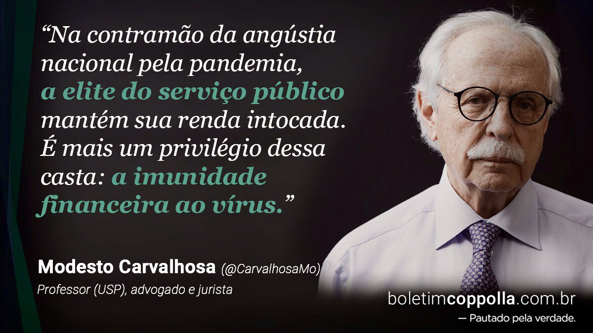 BoletimCoppolla's tweet photo. "Com a segurança de estarem com seus bolsos vacinados contra a pandemia, a elite do serviço público assiste confortável a uma doença q, ao contrário do Estado brasileiro, maltrata a todos igualmente, sem distinção.” @CarvalhosaMO em #artigoexclusivo p/ o https://t.co/n2VROqZdkP https://t.co/psQjVhDwTa