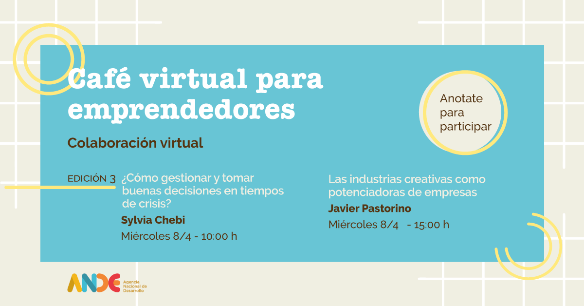 Thales_Lab's tweet photo. @sylchebi de #ThalesLab y @Jmon_pastorino de @ANIIuy dirigirán este 8 de abril la III edición de "Café virtual para emprendedores", para hablar sobre gestión en tiempos de crisis e industrias creativas.
¡Regístrate sin costo ya!
👉🏼https://t.co/uTSWqkrxMu
Gracias @ANDEUruguay https://t.co/GGNa8pQD4D