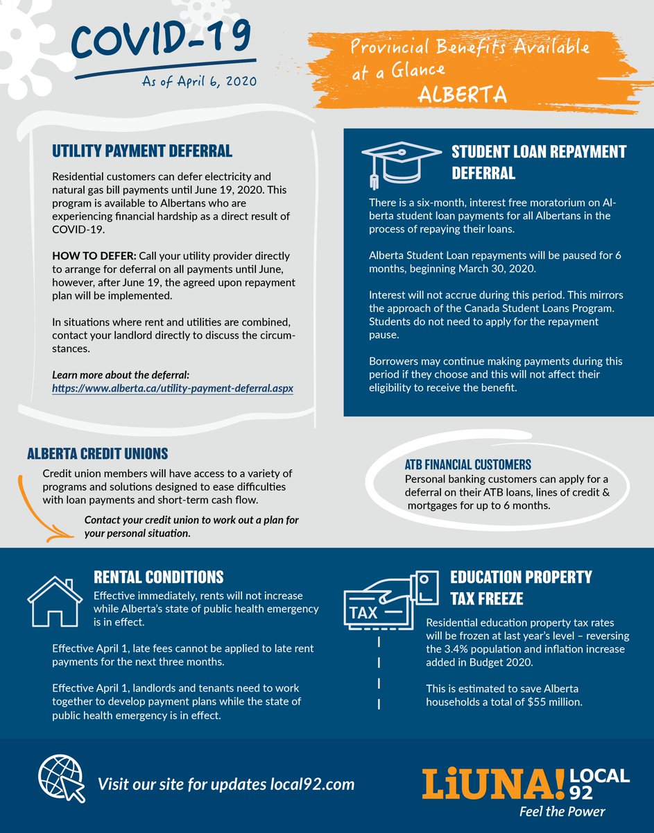 liunawc's tweet photo. It can be overwhelming to keep track of Alberta Provincial benefits that are available as a result of the #COVID19 pandemic! Which is why we created this infographics, hopefully it will assist our
@LIUNA members navigate through all the info. Stay safe! #liuna #alberta #local92 https://t.co/ncIuYlkpUc