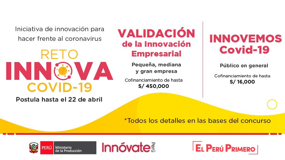 ProInnovate_'s tweet photo. El #RetoInnovaCovid19 es una iniciativa del Programa Innóvate Perú, creado en el marco de los esfuerzos que el gobierno peruano está realizando para luchar contra esta pandemia. 

🔽 Obtén más información y descarga las bases aquí https://t.co/VdjRsiMOR3 https://t.co/4Xlg9TUqsq