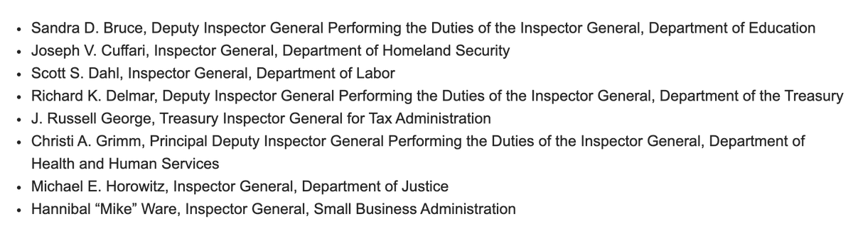 I think Horowitz now picks another of these IGs to take the position Glenn Fine had. Note that 3 of them are also Acting IGs (which is a testament to how little Trump cares abt oversight), including Acting HHS IG Christi Grimm, whom Trump is pissy at bc of yesterday's report.