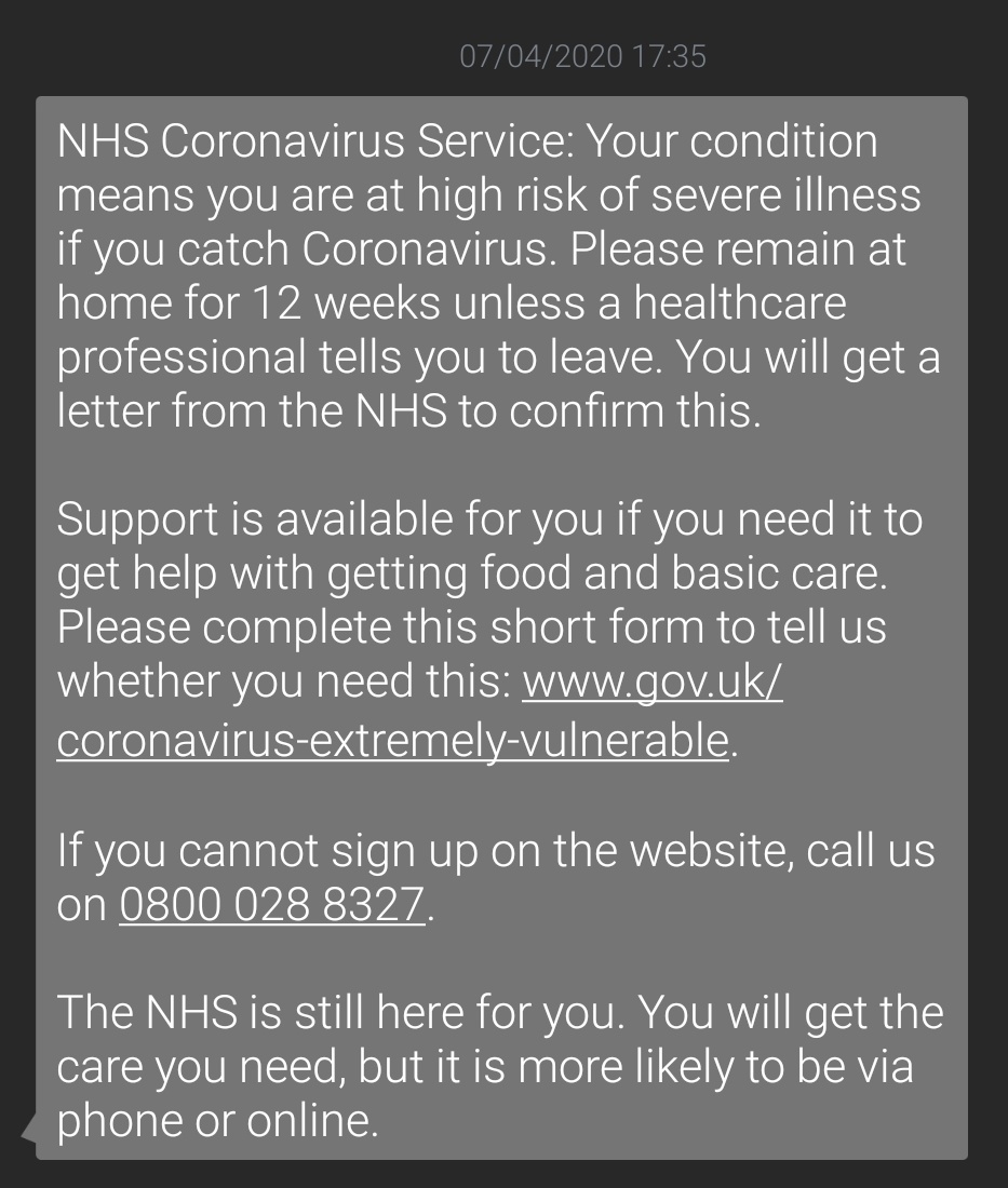 yvettepyne's tweet image. Oh dear - I&apos;ve received a message from the government... I&apos;m in my mid-40s with literally no co-morbidities (unless you count a bit of mild reflux). Cue loads of people panicking and calling their GP or 111 #whentechfails