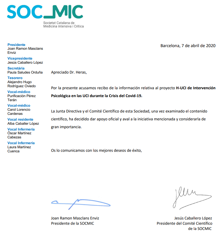 FHSanidad's tweet photo. ¡GRANDES NOTICIAS AMICS DE CATALUÑA!

La Junta Directiva y el Comité Científico de la @SOCMIC , ha decidido dar apoyo oficial y aval a la iniciativa de Proyecto HU-CI:

"Intervención Psicológica en las UCI durante la Crisis del #Covid19" https://t.co/GtxkeT2PBv