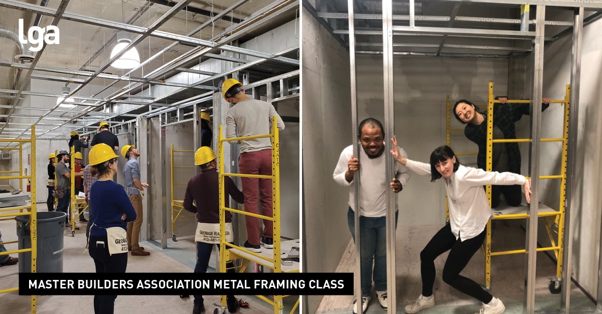 LGA_Partners's tweet photo. A few weeks before social distancing began, LGA's Project Architect Nikita Williamson participated in the @MBAofWPA's Metal Framing Class. 
 
#employeeeducation #masterbuildersassociation #handson #training #continuedlearning https://t.co/baw8WS3f3X