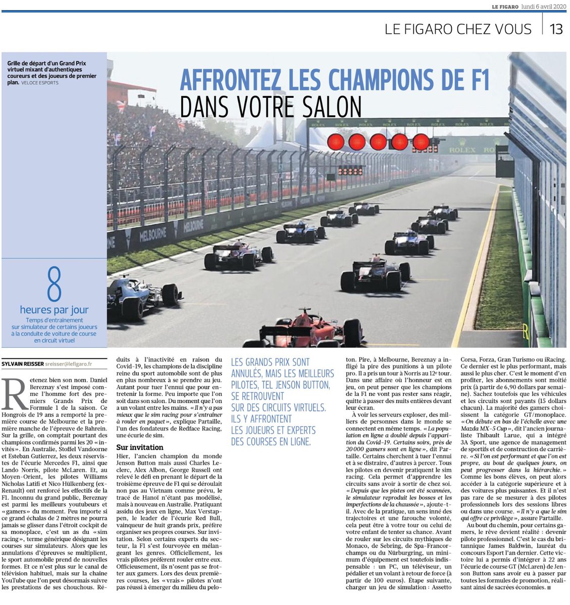 Partaille's tweet image. J'ai été appelé par un journaliste du Figaro pour parler du SimRacing et plus particulièrement de @iRacing .
Et voici l'article d'une demie page dans l'édition du 6/04/2020 !