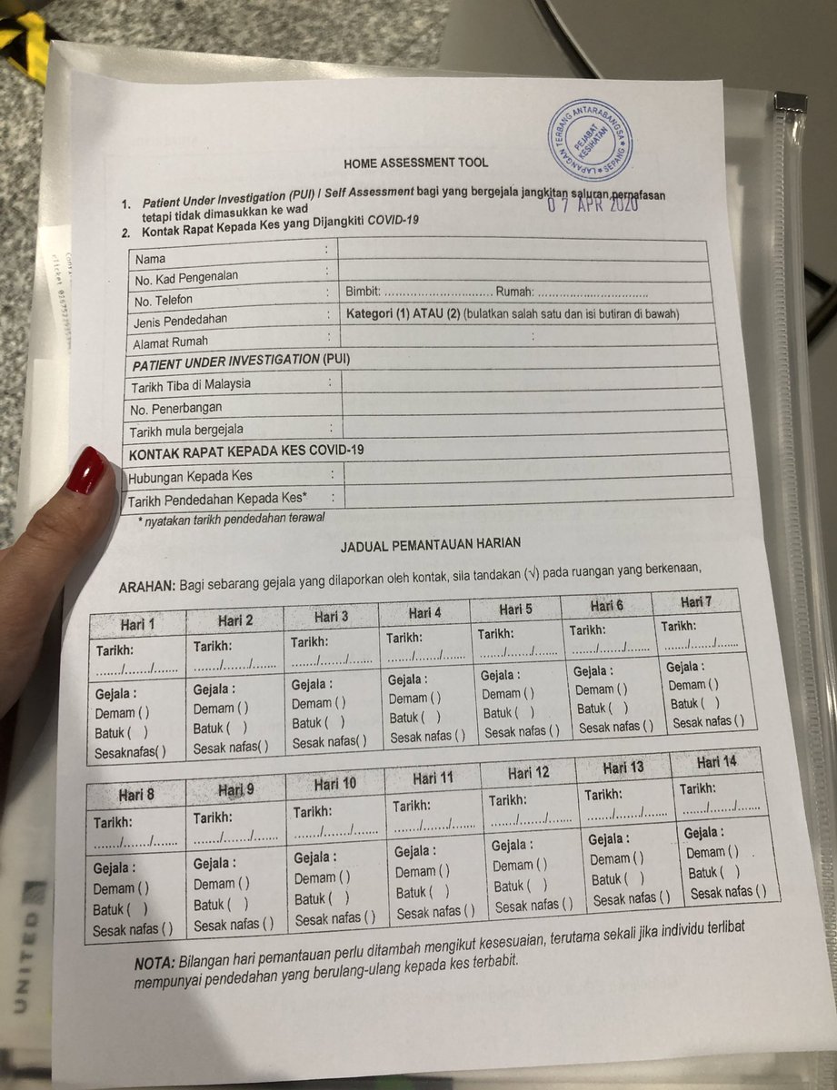 Above mentioned forms:- The health declaration form was easy to fill up. Handed back to the staff.- Other form is a home assessment tool. At the bottom is a table with 14 days. You have fill in the dates and mark whether you have fever, cough or difficulty breathing.