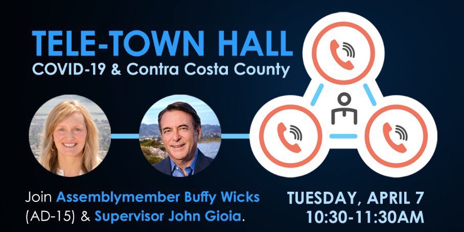 REMINDER! Starting soon— Join me, @supejohngioia & @CCCounty public health officials—for a tele-town hall on #COVID19 & county #ShelterInPlace policies. RSVP & submit questions👉🏻Assemblymember.Wicks@assembly.ca.gov. DIAL-IN: (215)446-3649 or (888)557-8511 ACCESS CODE: 4854104