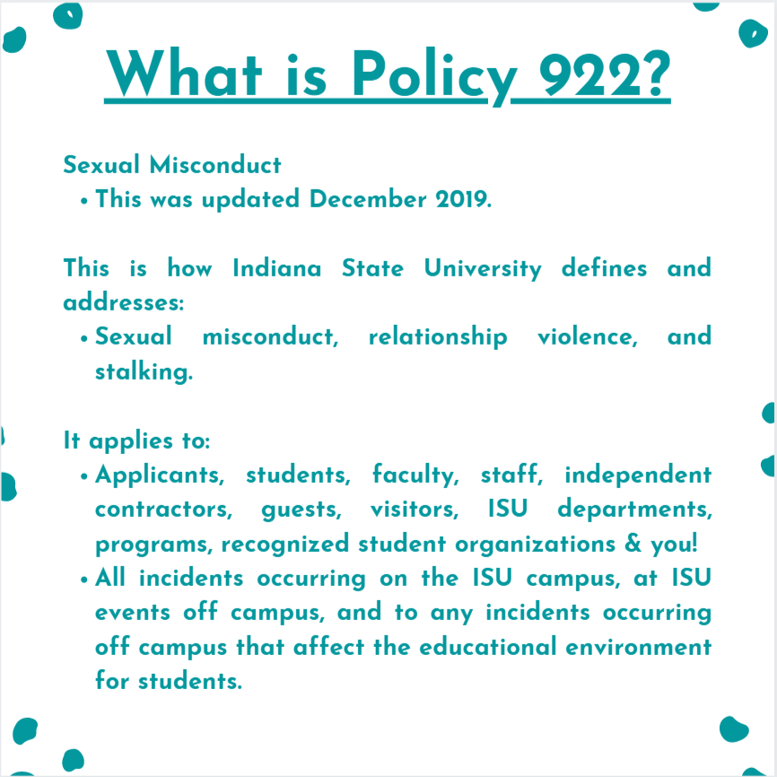 State_ItsOnBlue's tweet photo. Hey Sycamores!

Today in our series we are learning about Policy 922 at ISU! What does the policy at ISU mean for all of us? How does it apply to our lives? Read our post to find out!

#itsonblue #indianastateuniversity #titleix #policy922 #SAAM https://t.co/0Aw9fyBDh2