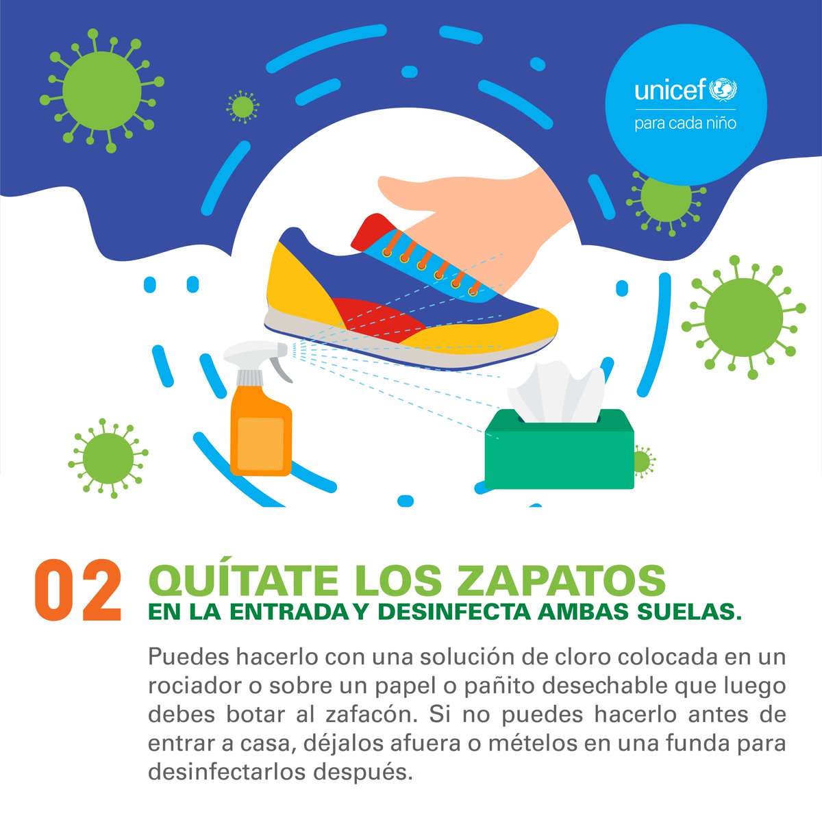 interfaz Agrícola Calendario UNICEF República Dominicana 🇩🇴 on Twitter: "2️⃣ Quítate los zapatos en la  entrada y desinfecta ambas suelas. Puedes hacerlo con una solución de cloro  colocada en un rociador o sobre un papel