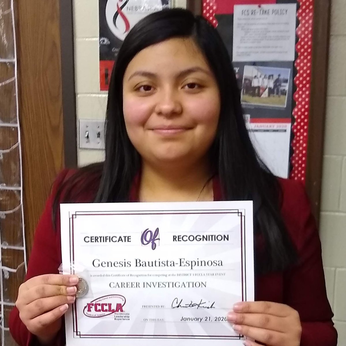 RalstonHSFCCLA's tweet photo. Congratulations Genesis Bautista Espinosa on your Silver medal for FCCLA State Leadership Conference in Career Investigation! Even though we couldn't attend State, you still earned this award! We are so proud of you! @RalstonHS @RPS_blueprint https://t.co/125OhGv4yW