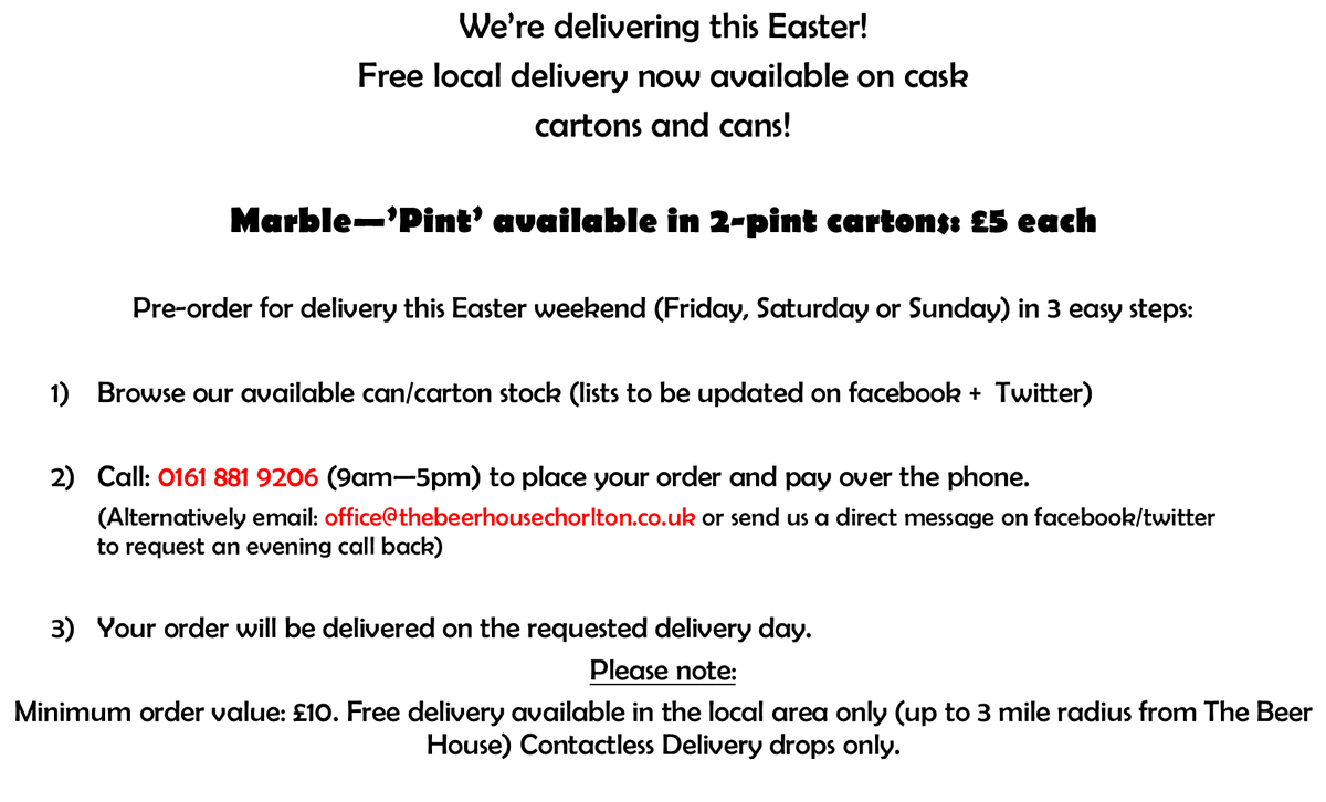 TheBeerHouseM21's tweet photo. We're delivering this Easter Weekend! Order now for delivery on Friday, Saturday or Sunday. 2-pint cartons of Marble - 'Pint' available, fresh from the cask. Local only (3>Miles from The Beer House) Call: 0161 881 9206 (9am-5pm) To place your order. DM to request evening callback https://t.co/paeYZE1pgj
