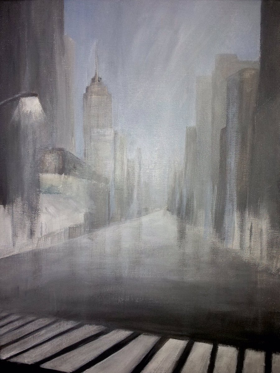 easeltotheframe's tweet photo. One of my 1st scenes was an abstract rainy New York street. I was trying to avoid painting detail but the final picture didn’t wow me, I was really unsure. Now I look back &amp; see the positives &amp; have learnt the suggestion of detail thru different brush selection and loose strokes https://t.co/MXq9mhC4Nz