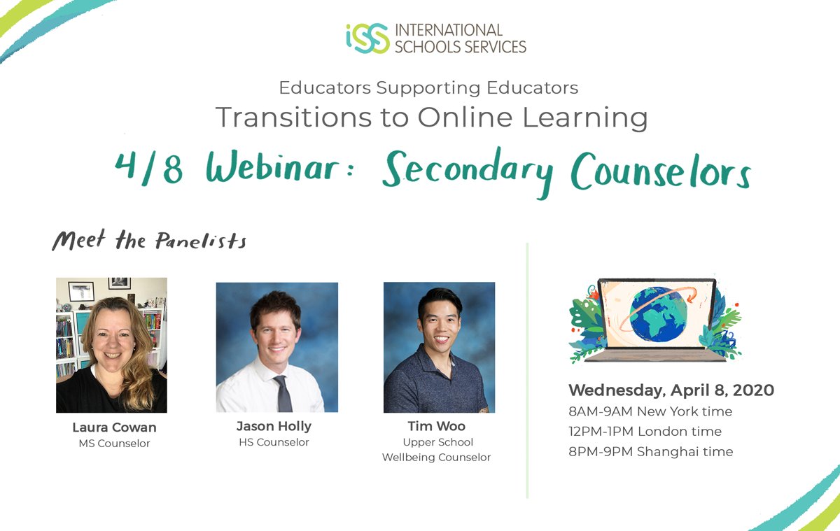 Register for tomorrow's webinar, focused on counselors working with secondary students in online environments! iss.education/2XcYeAW You'll learn with a great panel of intl #schoolcounselors who have been working virtually since early 2020 #ISSedu #edchat #onlinelearning