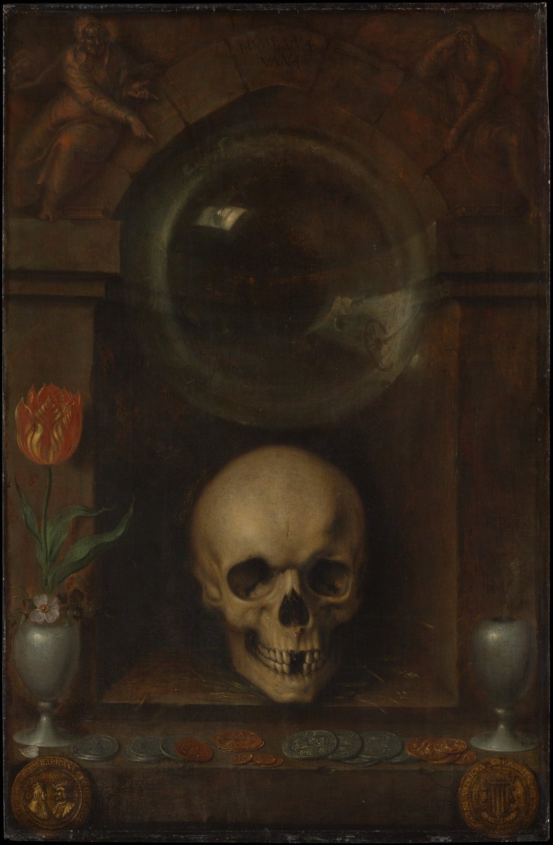 In this 'Vanitas Still Life' (1603) by Jacques de Gheyn II he uses the symbol of Homo Bulla, "man is but a bubble" above the skull. Human life is vanity like a thin soap bubble that first flickers w/ colors for a brief moment then quickly bursts & vanishes like it never existed.