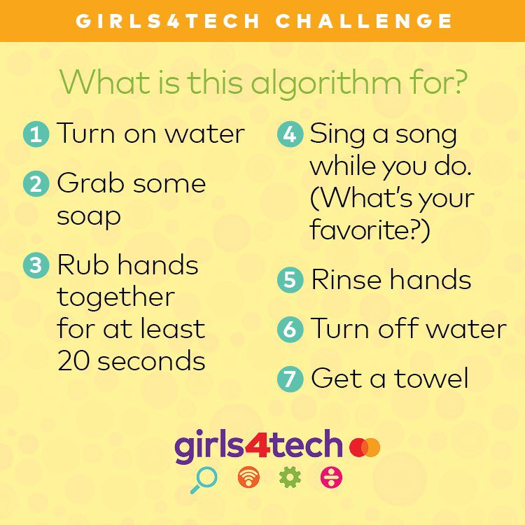 girls4tech's tweet photo. An algorithm is a series of steps to reach a goal or solve a problem. Did you know that we use algorithms every day to help keep the world safe and healthy? Visit https://t.co/BKovsg7PSX for #STEM activities #girls4tech @mastercard @wearemastercard #LearnAtHome @MastercardNews https://t.co/Nj9s9x2msQ