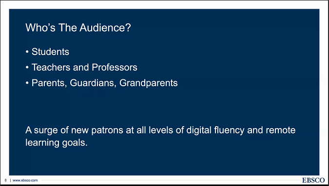 EBSCO's tweet image. Understand your audience and what they need and always consider #WebAccessiblity. #OnlinewithEBSCO