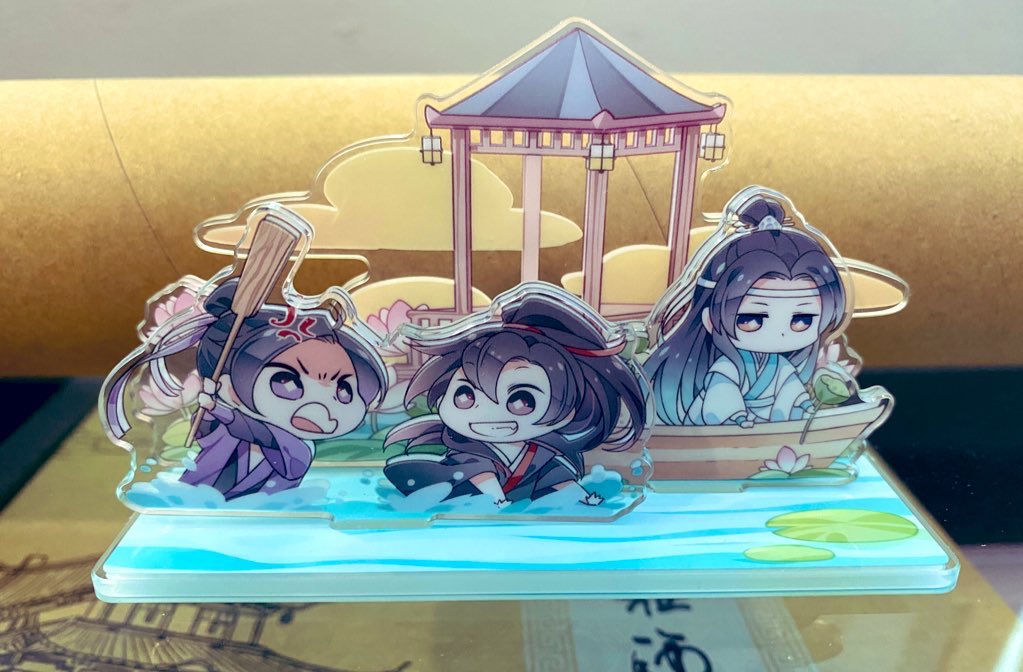 Novel set from Pinsin Studio!- standee for Intrusion extra chapter (peep WWX’s ‘wrong’ robe!! so cute uWu)- standee for Lotus Seed Pod extra chapter- reflective WangXian poster with beautiful art