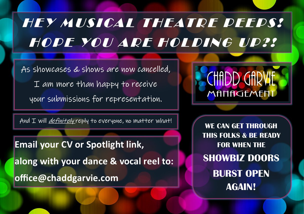 Let's be as prepared as we can - office@chaddgarvie.com 
#uk2020grads #MusicalTheatreAgent
<a href="/LaineTheatreArt/">Laine Theatre Arts</a> <a href="/BirdCollegeUK/">Bird College</a> @Urdang_Academy <a href="/PERFORMERS_COLL/">Performers College</a> <a href="/WilkesAcademy/">Wilkes Academy</a> <a href="/JelliStudios/">Jelli Studios</a>