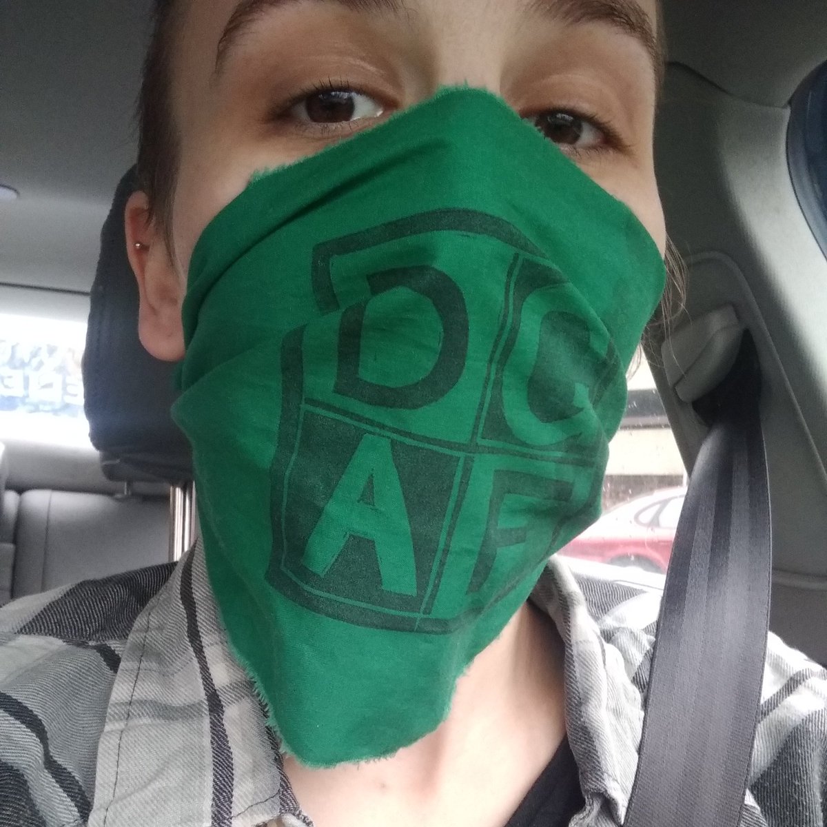 BessBoever's tweet photo. sending love to @skriiik for today's look~ almost 10 years ago, he was kind enough to craft these for our entire intramural dodgeball team ("Kat Planet and the DGAFs") 💕

today it stands for "DO give a f*ck" because I wore it to Aldi in the name of safety and fashion https://t.co/NDo2p8qAjc