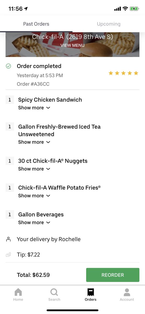 A thread: Last night I decided to get Chick Fil A delivered. I ordered a spicy chicken sandwich, some fries, a gallon of unsweet tea, a gallon of lemonade, and a 30 count nugget. I had no plans of eating all of the food nor drinking all of the tea/lemonade. And I didn’t.