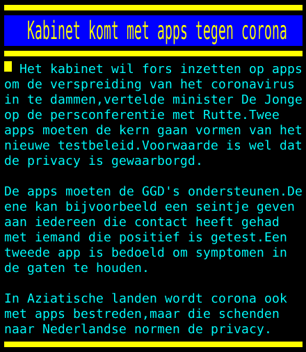 Teletekst's tweet photo. Kabinet komt met apps tegen corona https://t.co/QSGxz55psW