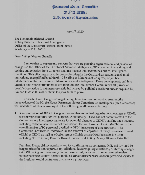JUST IN: SCHIFF is demanding the Ric Grenell, Trump's top intelligence official, provide a slew of details about his management of IC by April 16.In a 4-page letter, Schiff expresses concerns that Grenell, an acting official, has made sweeping organizational changes.
