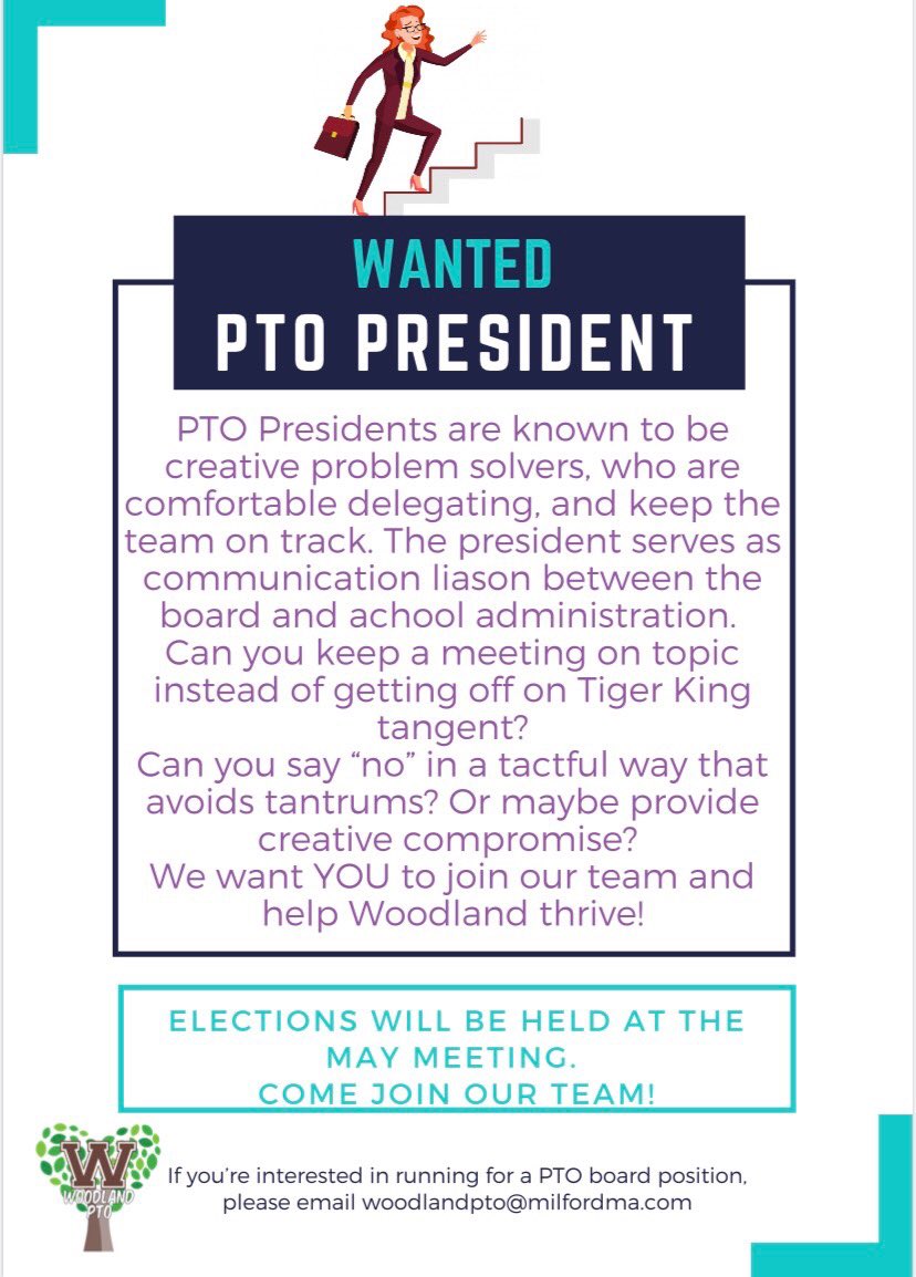 Attention!  PTO Board Elections will be done in May for 2020-2021.  We wanted to take this week to provide you some information on what each position does.  First up...President!