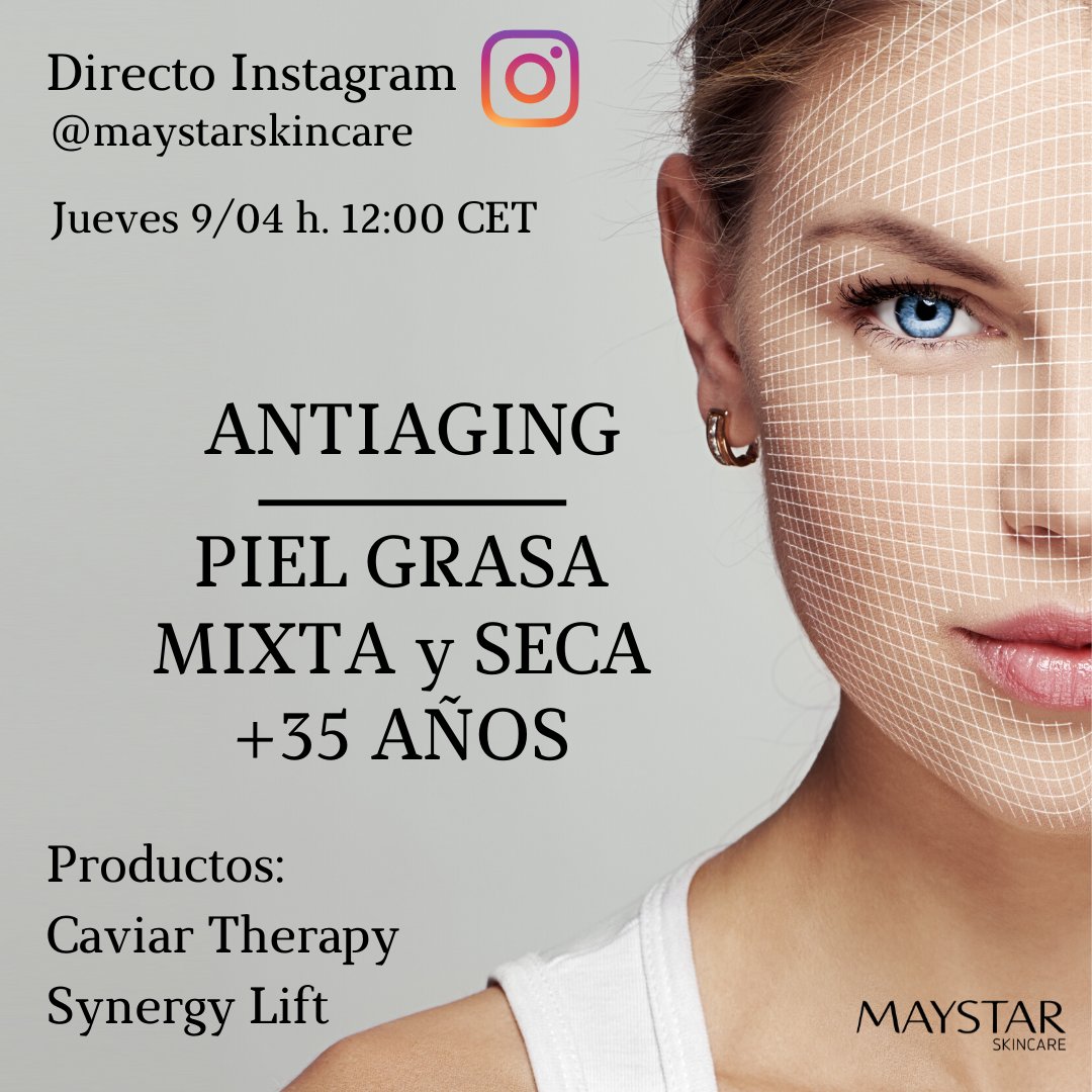 Segundo directo en Instagram para Mujeres de más de 35 años y con #pielgrasa, #pielmixta y #pielseca. Enseñaremos qué productos #Maystar Skincare usar para un tratamiento #antiaging completo en casa❤️¡Nos vemos el jueves 9 de abril h.12:00 (Hora de España)! IG: maystarskincare
