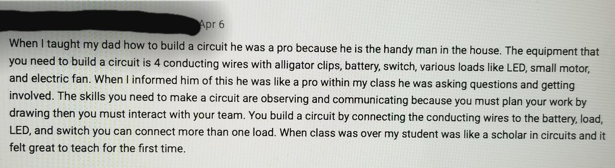 My Gr 9s are learning about series &amp; parallel circuits this week. One component of their task was to teach what they learned to a family member and share their experience. Here's one reflection. #DistanceLearning <a href="/PeelSchools/">Peel District School Board</a> @CastlebrookeSci #MyHeartIsFull
