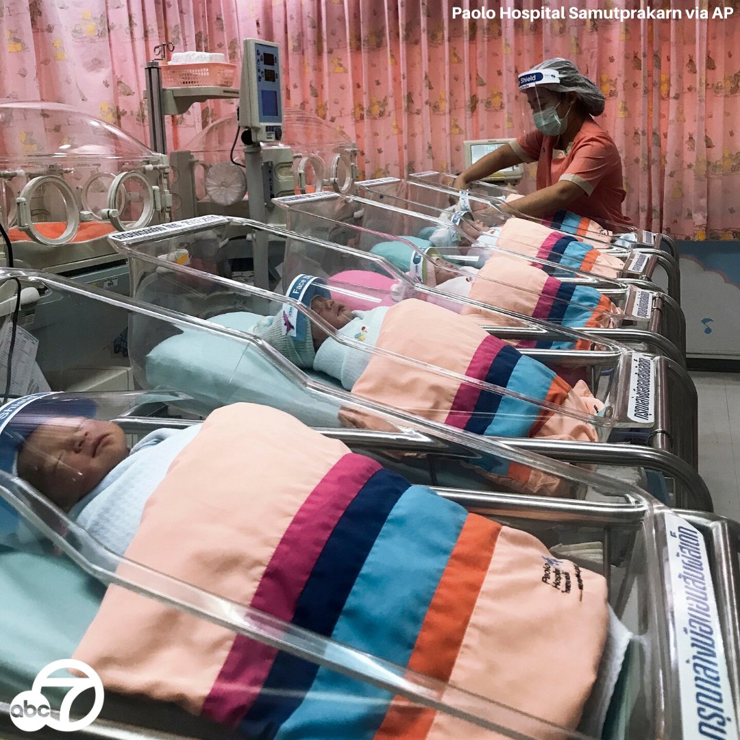 ABC7's tweet photo. PROTECTING NEWBORNS: These babies are wearing tiny face shields made to protect them from the #coronavirus while they're in the nursery at Paolo Hospital Samutprakarn in central Thailand. https://t.co/poYSVLE3EY