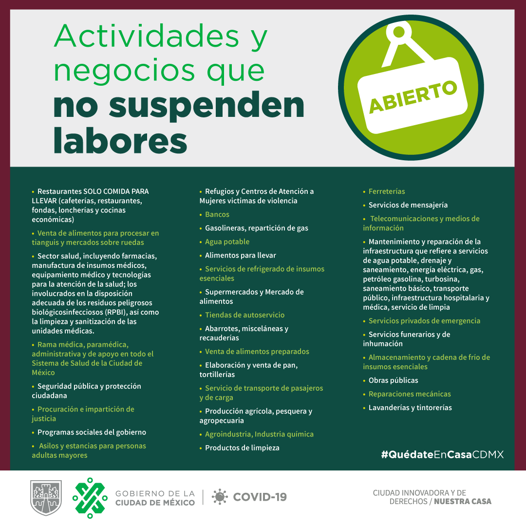 Recuerda que establecimientos que NO sean del giro farmacéutico, alimenticio o bancario, deberán cerrar y así evitar la propagación del virus.
Aquí la lista de quienes si y quienes no pueden abrir.
