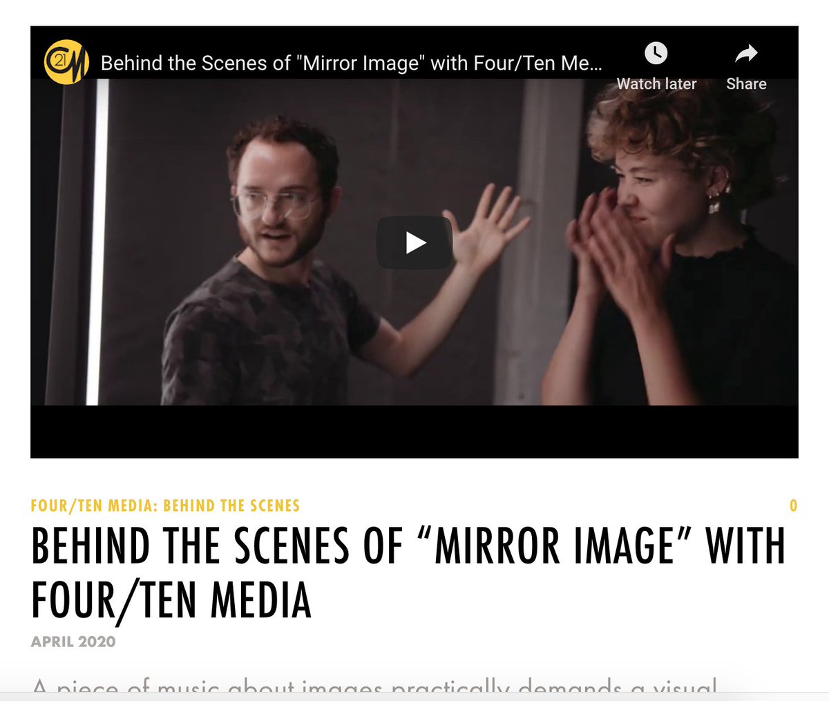 21stCenturyMusician (@21cmusician) on Twitter photo Four/Ten Media have done it again. Their latest music video for “Mirror Image,” written by .<a href="/pascalleboeuf/">Pascal Le Boeuf</a> and performed by Bec Plexus, is one of their most mesmerizing yet. Check it out — and then come back to 21CM to learn how they made it!
21cm.org/four-ten-media… Four/Ten Media have done it again. Their latest music video for “Mirror Image,” written by .<a href="/pascalleboeuf/">Pascal Le Boeuf</a> and performed by Bec Plexus, is one of their most mesmerizing yet. Check it out — and then come back to 21CM to learn how they made it!
21cm.org/four-ten-media…