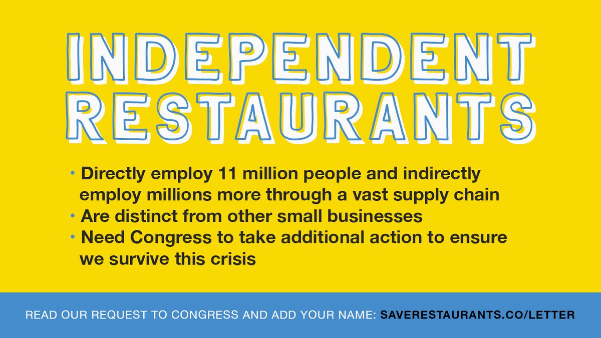 Here’s what independent restaurants NEED from Congress: 

❗Fix the Paycheck Protection Program

❗Create a Restaurant Stabilization Fund

❗Tax rebates to survive post-crisis

❗BI Insurance coverage for COVID-19

Read our letter to #SaveRestaurants saverestaurants.co/letter