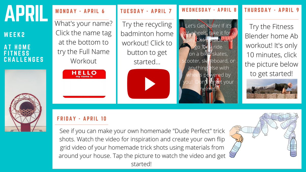 GoOneMorePhysED's tweet photo. For any P.E teachers out there, attached is an April Week 2 schedule I have made for my students. Feel free to use this as a resource for your students. I have them use @Flipgrid for assessment! https://t.co/br8dFWW1QN